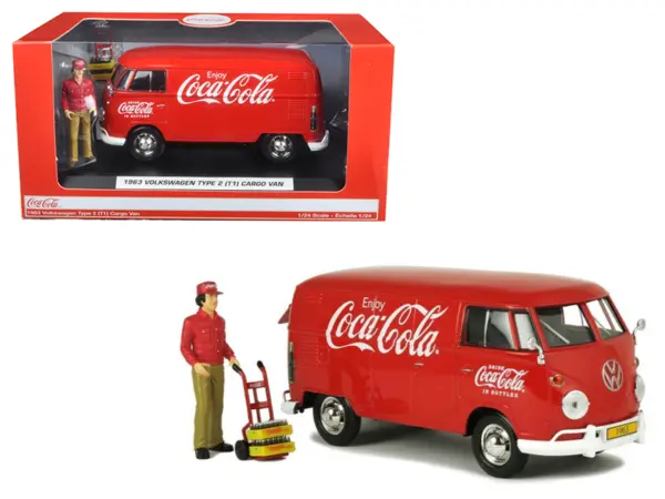 1963 Volkswagen Type 2 (T1) "Coca-Cola" Cargo Van with Delivery Driver Figurine with Handcart and Two Bottle Cases 1/24 Diecast Model Car by Motorcity Classics #1