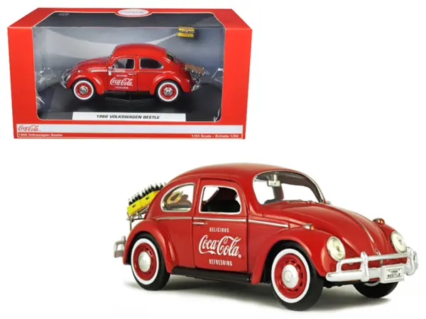 1966 Volkswagen Beetle with Rear Luggage Rack Red with Two Bottle Cases "Coca-Cola" 1/24 Diecast Model Car by Motorcity Classics #1
