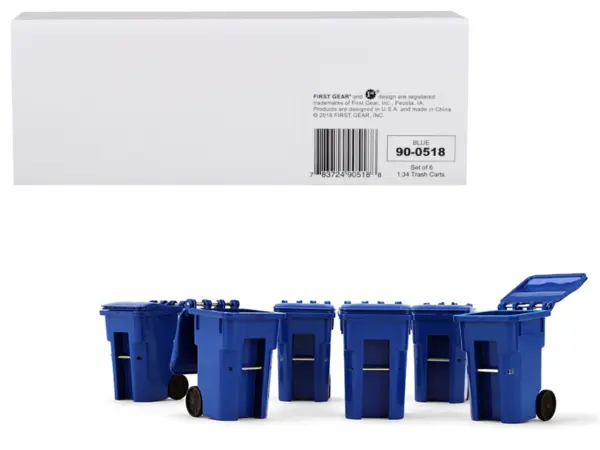 Set of 6 Blue Garbage Trash Bin Containers Replica 1/34 Models by First Gear #1