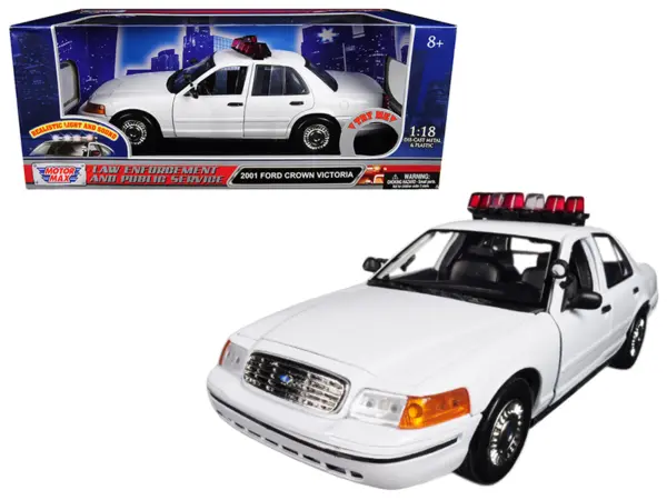 2001 Ford Crown Victoria Police Car Plain White with Flashing Light Bar and Front and Rear Lights and Sounds 1/18 Diecast Model Car by Motormax #1
