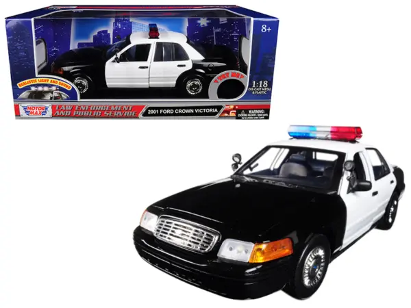 2001 Ford Crown Victoria Police Car Plain Black & White with Flashing Light Bar & Front and Rear Lights and Sound 1/18 Diecast Model Car by Motormax #1