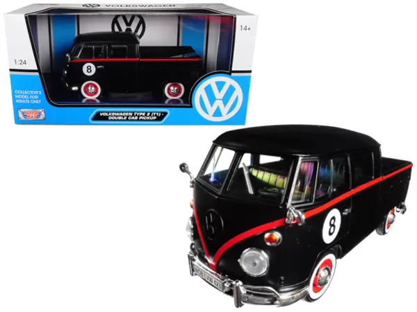 Volkswagen Type 2 (T1) Double Cab Pickup #8 Matt Black 1/24 Diecast Car Model by Motormax #1