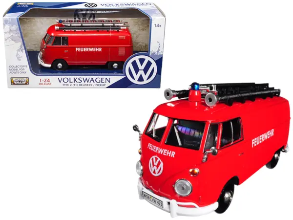 Volkswagen Type 2 (T1) Fire Van "Feuerwehr" Red 1/24 Diecast Model Car by Motormax #1