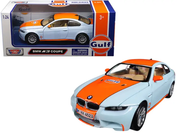 BMW M3 Coupe with "Gulf Oil" Livery Light Blue with Orange Stripe 1/24 Diecast Model Car by Motormax #1