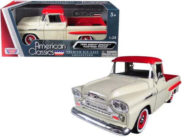 1958 Chevrolet Apache Fleetside Pickup Truck Cream with Red Top 1/24 Diecast Model Car by Motormax #1