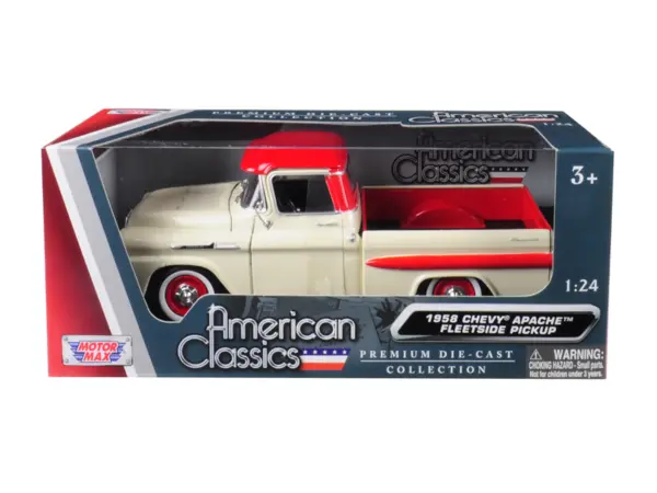 1958 Chevrolet Apache Fleetside Pickup Truck Cream with Red Top 1/24 Diecast Model Car by Motormax #3