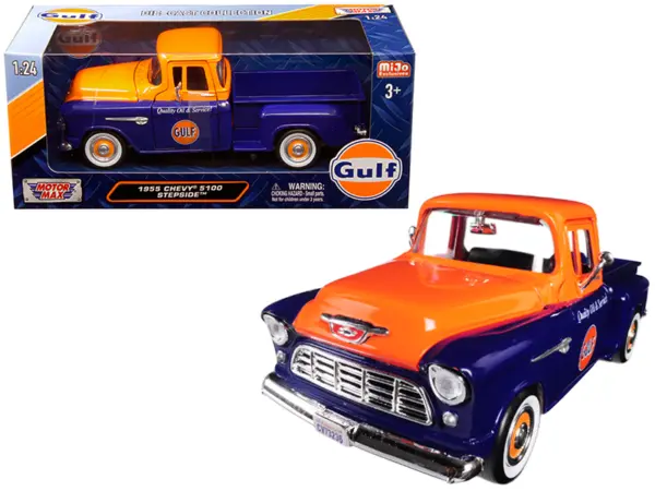 1955 Chevrolet 5100 Stepside Pickup Truck "Gulf" Dark Blue and Orange 1/24 Diecast Model Car by Motormax #1