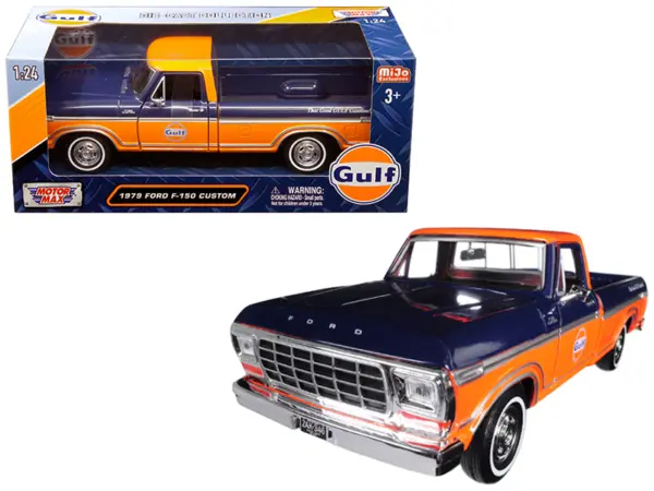 1979 Ford F-150 Custom Pickup Truck "Gulf" Dark Blue and Orange 1/24 Diecast Model Car by Motormax #1
