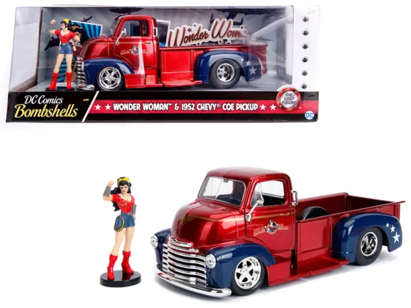 1952 Chevrolet COE Pickup Truck Candy Red and Blue with Wonder Woman Diecast Figure "DC Comics Bombshells" Series "Hollywood Rides" 1/24 Diecast Model Car by Jada #1