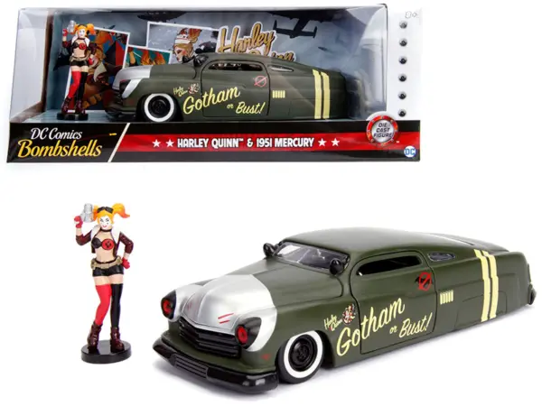 1951 Mercury Matt Green with Harley Quinn Diecast Figurine "DC Comics Bombshells" Series 1/24 Diecast Model Car by Jada #1