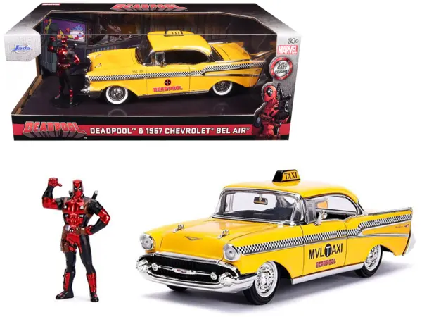 1957 Chevrolet Bel Air Taxi Yellow with Deadpool Diecast Figurine "Marvel" Series 1/24 Diecast Model Car by Jada #1