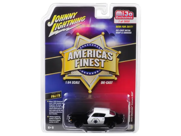 1970 Chevrolet Camaro Z28 California Highway Patrol (CHP) Black and White "America's Finest" Limited Edition to 3600 pieces Worldwide 1/64 Diecast Model Car by Johnny Lightning #1