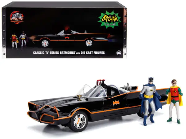 Classic TV Series Batmobile with Working Lights, and Diecast Batman and Robin Figures "80 Years of Batman" 1/18 Diecast Model Car by Jada #1