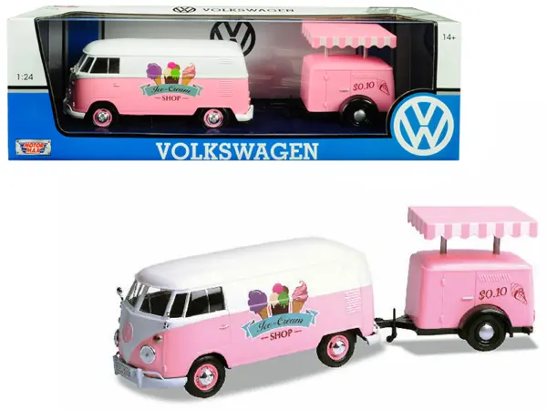 Volkswagen T1 Delivery Van with Ice-Cream Trailer Pink and White "Ice-Cream Shop" 1/24 Diecast Model Car by Motormax #1