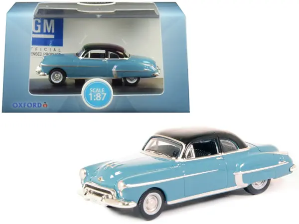 1950 Oldsmobile Rocket 88 Coupe Crest Blue with Black Top 1/87 (HO) Scale Diecast Model Car by Oxford Diecast #1