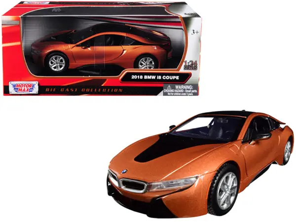 2018 BMW i8 Coupe Metallic Orange with Black Top 1/24 Diecast Model Car by Motormax #1