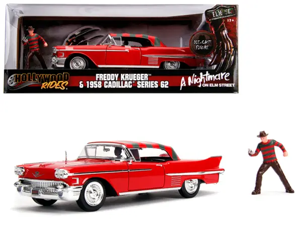 1958 Cadillac Series 62 Red with Freddy Krueger Diecast Figurine "A Nightmare on Elm Street" Movie 1/24 Diecast Model Car by Jada #1