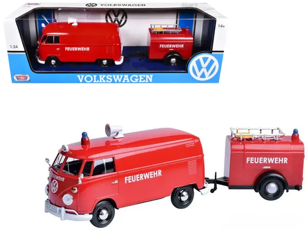 Volkswagen Type 2 (T1) Fire Van with Fire Fighting Trailer "Feuerwehr" Red 1/24 Diecast Model Car by Motormax #1