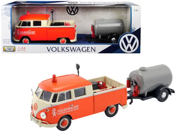 Volkswagen Type 2 (T1) Pickup Truck Orange and Cream with Oil Trailer "Road Service" 1/24 Diecast Model Car by Motormax #1