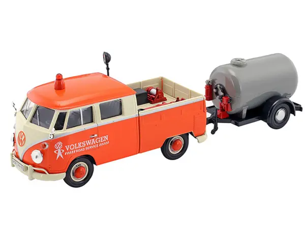 Volkswagen Type 2 (T1) Pickup Truck Orange and Cream with Oil Trailer "Road Service" 1/24 Diecast Model Car by Motormax #2