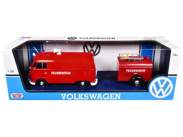 Volkswagen Type 2 (T1) Fire Van with Fire Fighting Trailer "Feuerwehr" Red 1/24 Diecast Model Car by Motormax #3
