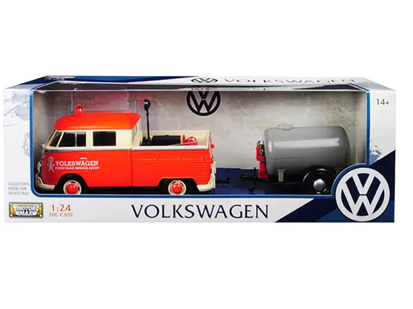 Volkswagen Type 2 (T1) Pickup Truck Orange and Cream with Oil Trailer "Road Service" 1/24 Diecast Model Car by Motormax #3