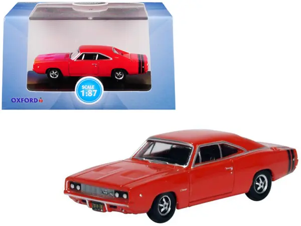 1968 Dodge Charger Bright Red with Black Stripes 1/87 (HO) Scale Diecast Model Car by Oxford Diecast #1