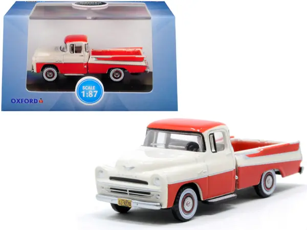 1957 Dodge D100 Sweptside Pickup Truck Tropical Coral and Glacier White 1/87 (HO) Scale Diecast Model Car by Oxford Diecast #1