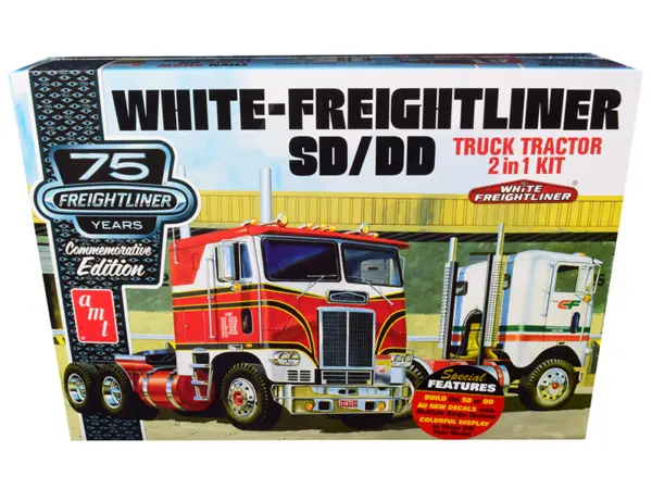 Skill 3 Model Kit White Freightliner SD/DD Truck Tractor 2-in-1 Kit with Display Base "75th Freightliner Anniversary" Commemorative Edition 1/25 Scale Model by AMT #1