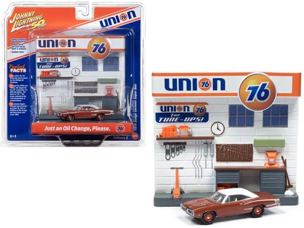 1970 Dodge Coronet Super Bee Brown with White Top and "Union 76" Interior Service Gas Station Facade Diorama Set "Johnny Lightning 50th Anniversary" 1/64 Diecast Model Car by Johnny Lightning #1