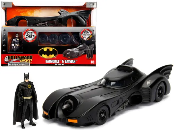 Model Kit Batmobile Matt Black with Batman Diecast Figurine "Batman" (1989) Movie "Build N' Collect" 1/24 Diecast Model Car by Jada #1