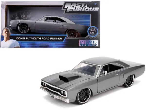 Dom's Plymouth Road Runner Gray Metallic with Black Hood Stripe "Fast & Furious" Movie 1/24 Diecast Model Car by Jada #1