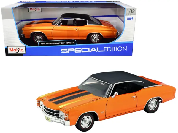 1971 Chevrolet Chevelle SS 454 Sport Orange Metallic with Black Top and Black Stripes 1/18 Diecast Model Car by Maisto #1