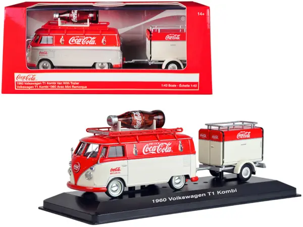 1960 Volkswagen T1 Kombi Van with Trailer Red and Cream "Coca Cola" 1/43 Diecast Model Car by Motorcity Classics #1