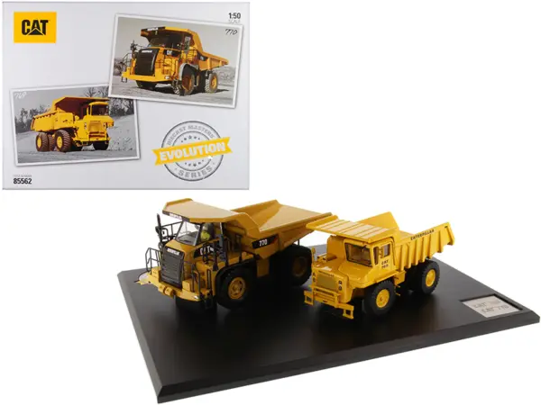 CAT Caterpillar 769 Off-Highway Truck (1963-2006) and CAT Caterpillar 770 Off-Highway Truck (2007-Present) with Operators "Evolution Series" Set of 2 pieces 1/50 Diecast Models by Diecast Masters #1