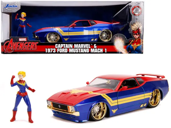 1973 Ford Mustang Mach 1 with Captain Marvel Diecast Figurine "Avengers" "Marvel" Series 1/24 Diecast Model Car by Jada #1