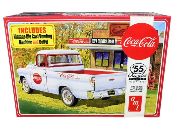 Skill 3 Model Kit 1955 Chevrolet Cameo Pickup Truck "Coca-Cola" with Vintage Vending Machine and Dolly 1/25 Scale Model by AMT #1