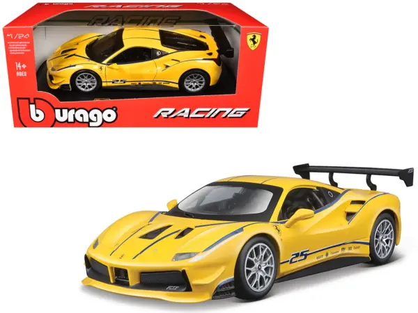 Ferrari 488 Challenge #25 Yellow with Blue Stripes "Ferrari Racing" 1/24 Diecast Model Car by Bburago #1