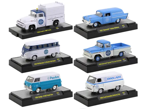 "Auto Trucks" Set of 6 pieces Release 57 "Pan American World Airways" (Pan Am) IN DISPLAY CASES 1/64 Diecast Model Cars by M2 Machines #1