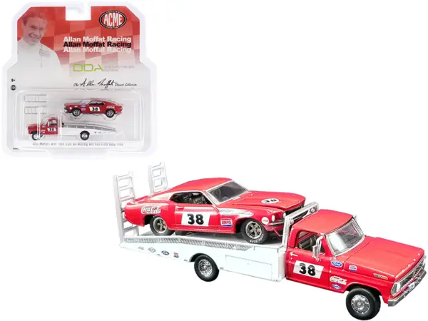Ford F-350 Ramp Truck #38 Red and White with 1969 Ford Mustang Trans Am #38 Red "Coca-Cola" Allan Moffat Racing "DDA Collectibles" Series "ACME Exclusive" 1/64 Diecast Model Cars by Greenlight for ACME #1