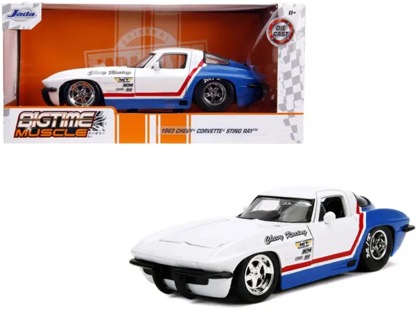 1963 Chevrolet Corvette Stingray White and Blue with Red Stripe "Chevy Racing" "Bigtime Muscle" 1/24 Diecast Model Car by Jada #1
