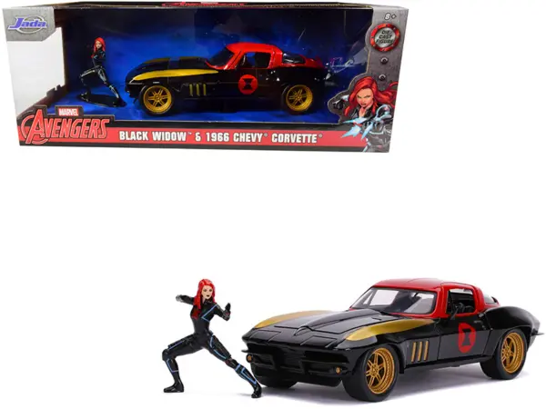 1966 Chevrolet Corvette with Black Widow Diecast Figurine "Avengers" "Marvel" Series 1/24 Diecast Model Car by Jada #1
