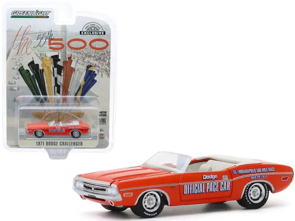 1971 Dodge Challenger Convertible Official Pace Car Orange "55th Indianapolis 500 Mile Race" "Hobby Exclusive" 1/64 Diecast Model Car by Greenlight #1