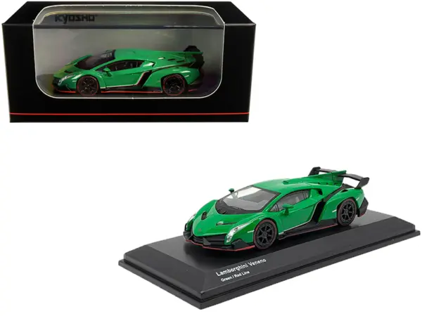 Lamborghini Veneno Green with Red Line 1/64 Diecast Model Car by Kyosho #1
