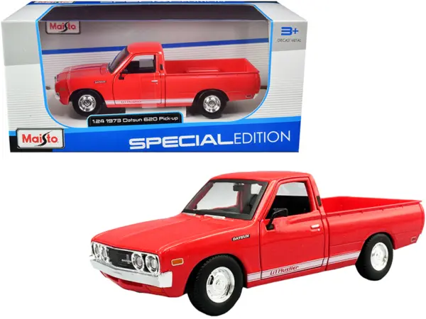 1973 Datsun 620 Pickup Truck "Li'l Hustler" Red with White Stripes "Special Edition" Series 1/24 Diecast Model Car by Maisto #1