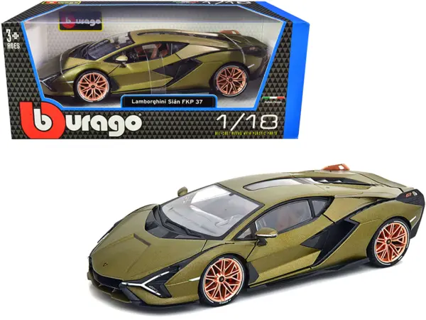 Lamborghini Sian FKP 37 Matt Green Metallic with Copper Wheels 1/18 Diecast Model Car by Bburago #1