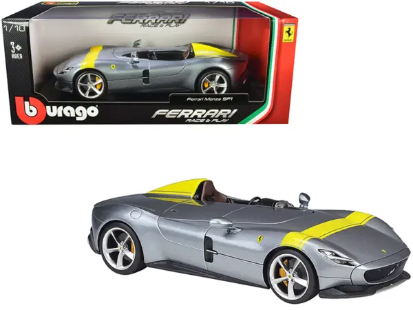 Ferrari Monza SP1 Silver Metallic with Yellow Stripes 1/18 Diecast Model Car by Bburago #1