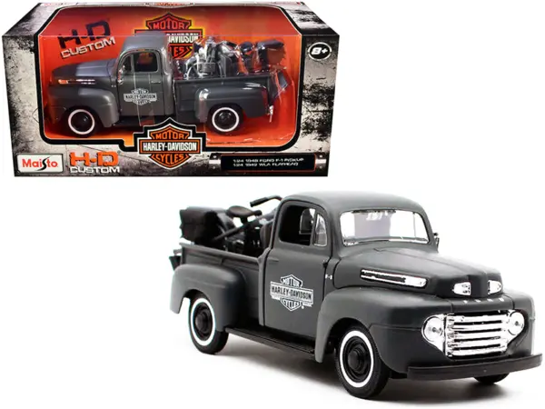 1948 Ford F-1 Pickup Truck and 1942 Harley-Davidson WLA Flathead Motorcycle Matt Dark Gray "Harley-Davidson Custom" 1/24 Diecast Models by Maisto #1