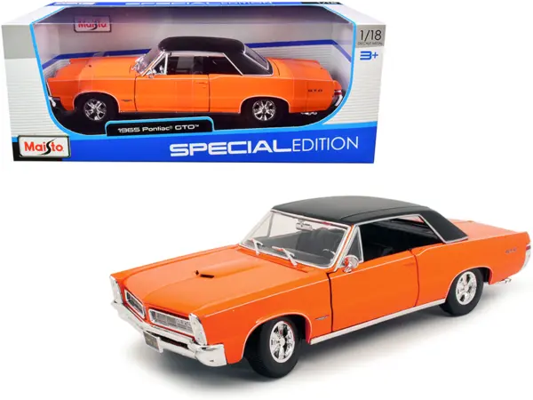 1965 Pontiac GTO Hurst Orange with Black Top and White Stripes "Special Edition" 1/18 Diecast Model Car by Maisto #1