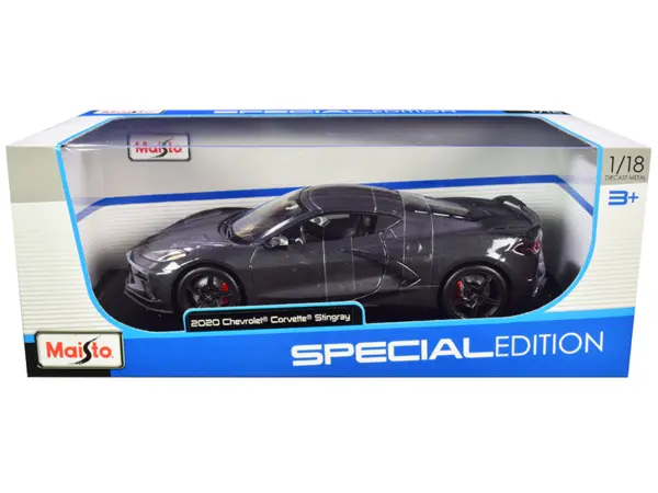 2020 Chevrolet Corvette Stingray C8 Dark Gray Metallic with Racing Stripes 1/18 Diecast Model Car by Maisto #1